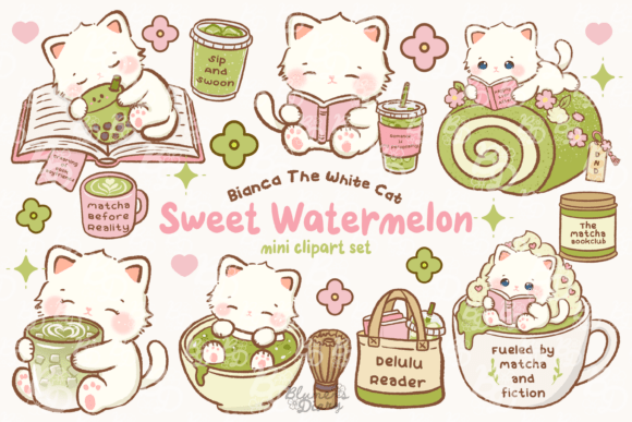 Download Kawaii Bookish Matcha Cat Clipart - Cat clipart Collection