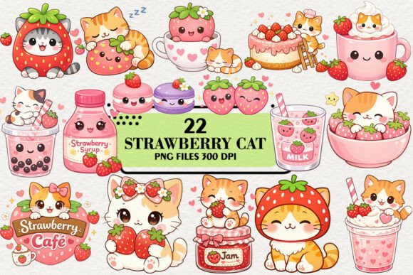 Download Kawaii Strawberry Cat Clipart Bundle - Cat clipart Collection